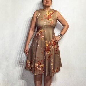 Vintage Tan Floral Fit & Flare Dress Matching Jacket Set Sz M